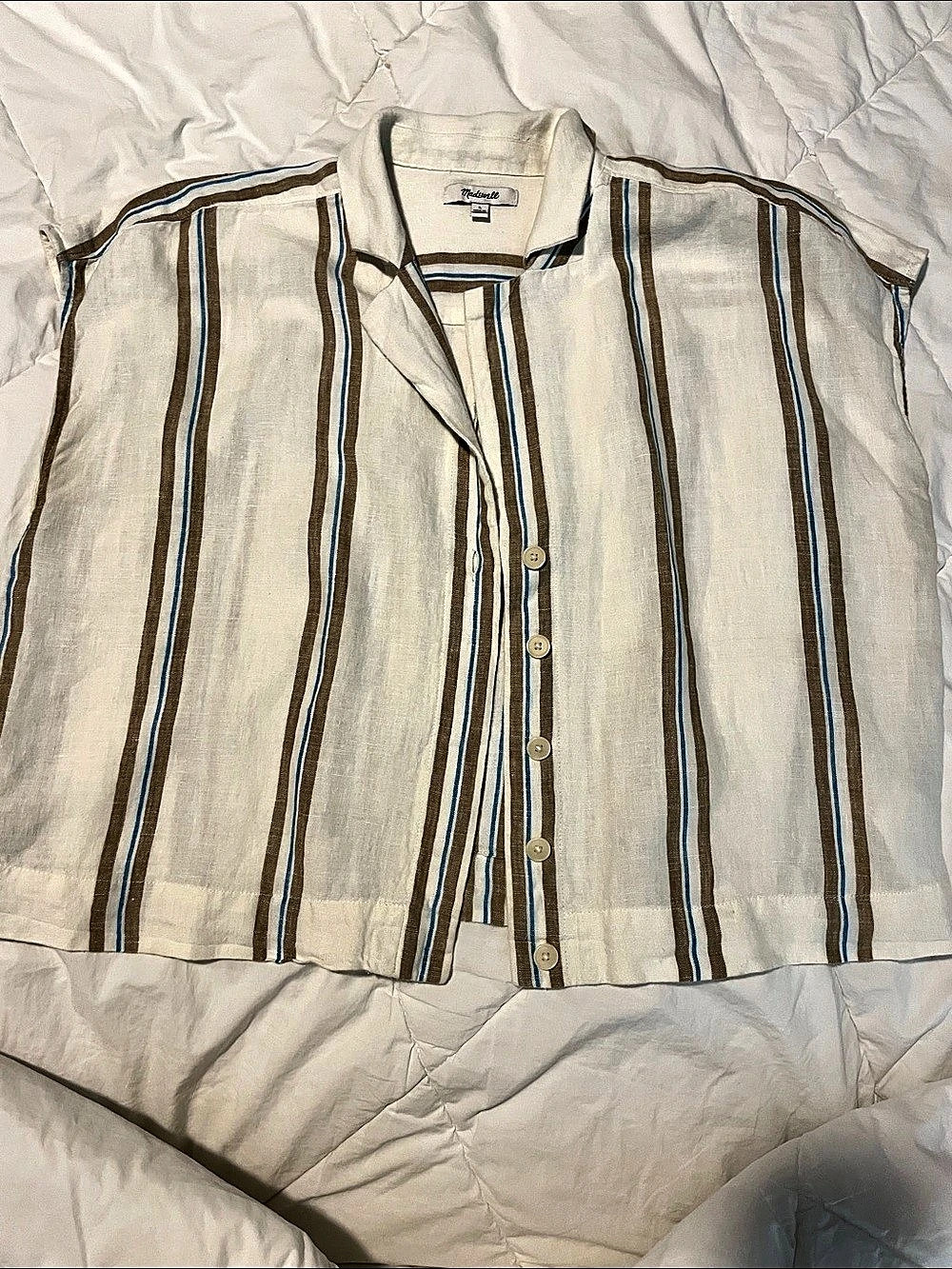 Madewell Striped Linen Blend Shirt in White & Brown Large Like New